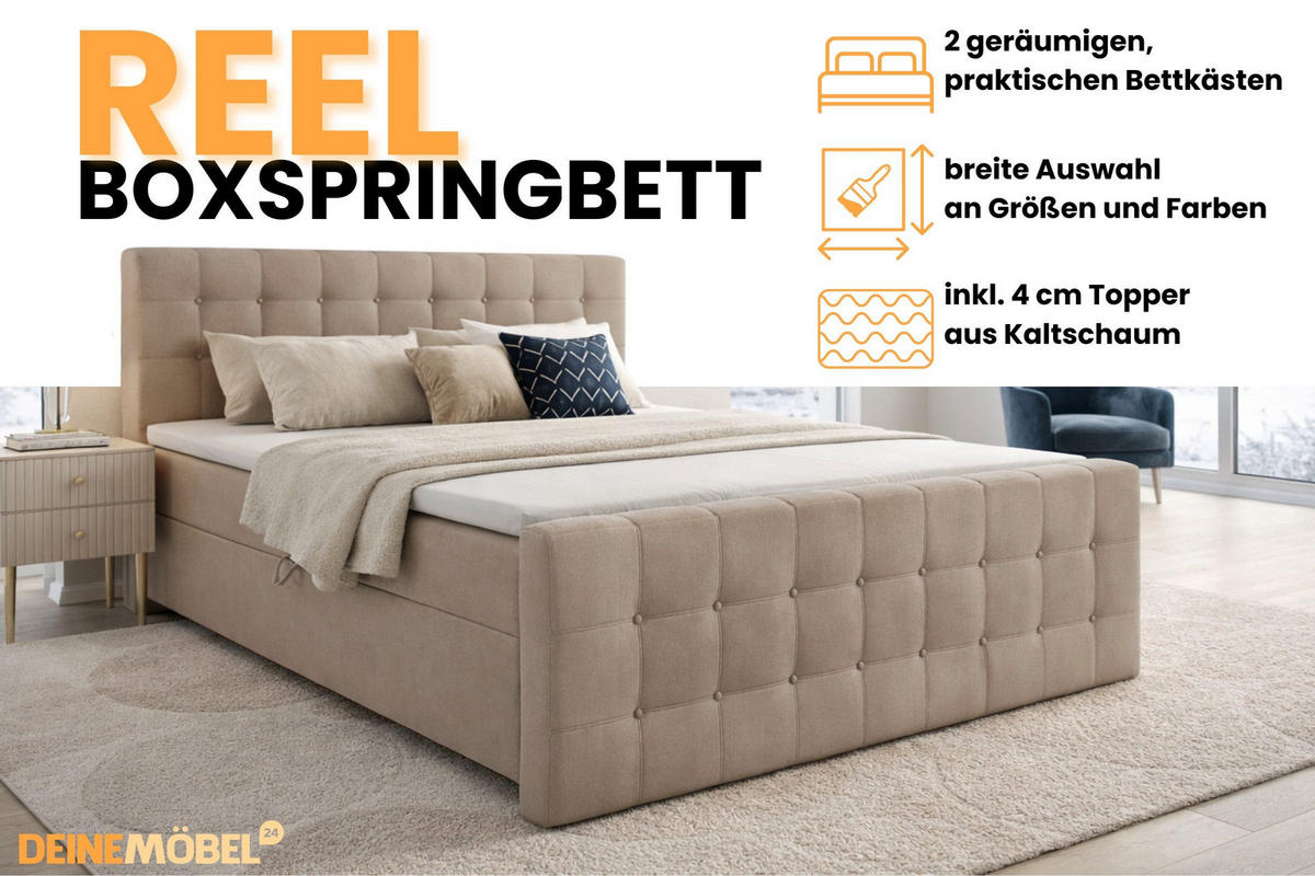 BOXBETT REEL 180/200 in Velours Beige H4 - Beige, Holz/Holzwerkstoff (180/200cm) - Deine Möbel 24