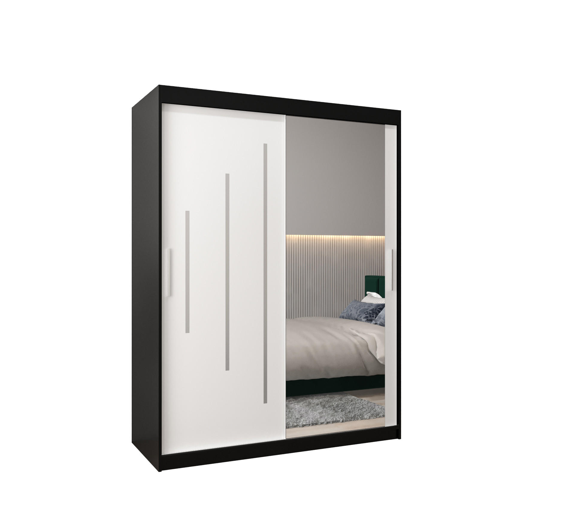 Abiks Möbel Schwebetürenschrank Schwarz, Weiß 150x200x62 cm