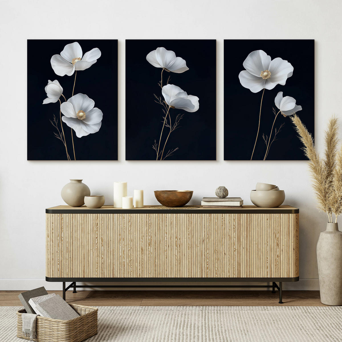 LEINWANDBILDER 3-es Set Feldblumen Natur - Beige/Schwarz, Textil (90/40cm) - Muralo