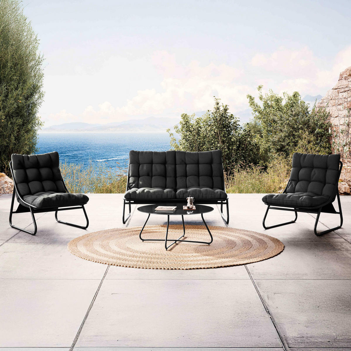 GARTENSET 4-Sitzer, Schwarz - Schwarz, Textil - Oviala