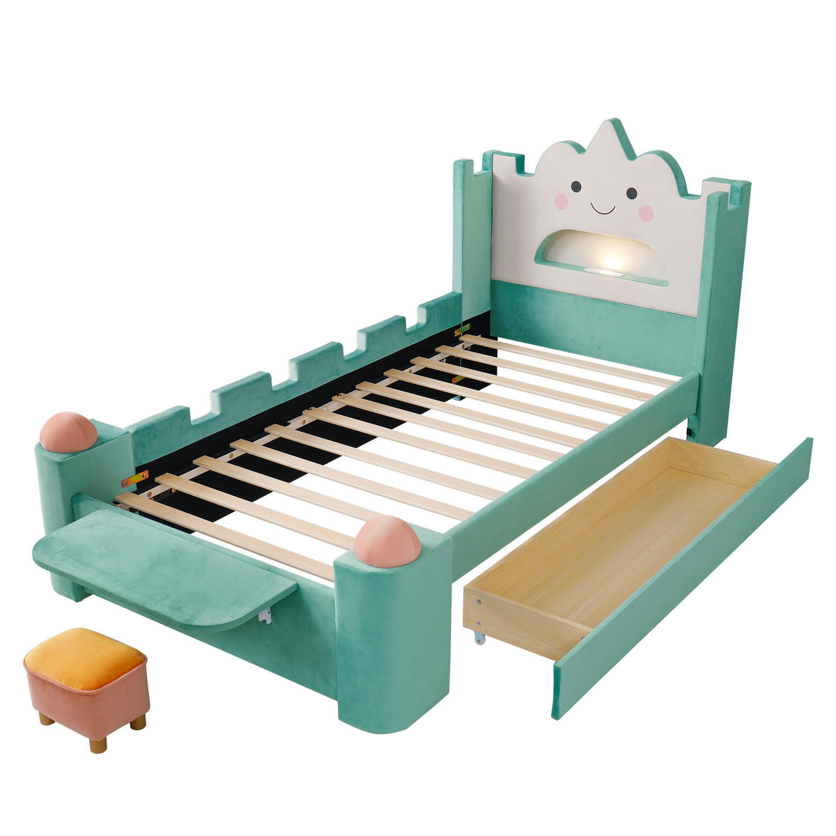 KINDERBETT 90/200 cm in Blaugrün mit Schublade, Ablage, USB und Leselampe Samt - Türkis, Holzwerkstoff/Textil (90/200cm) - CHICFURN