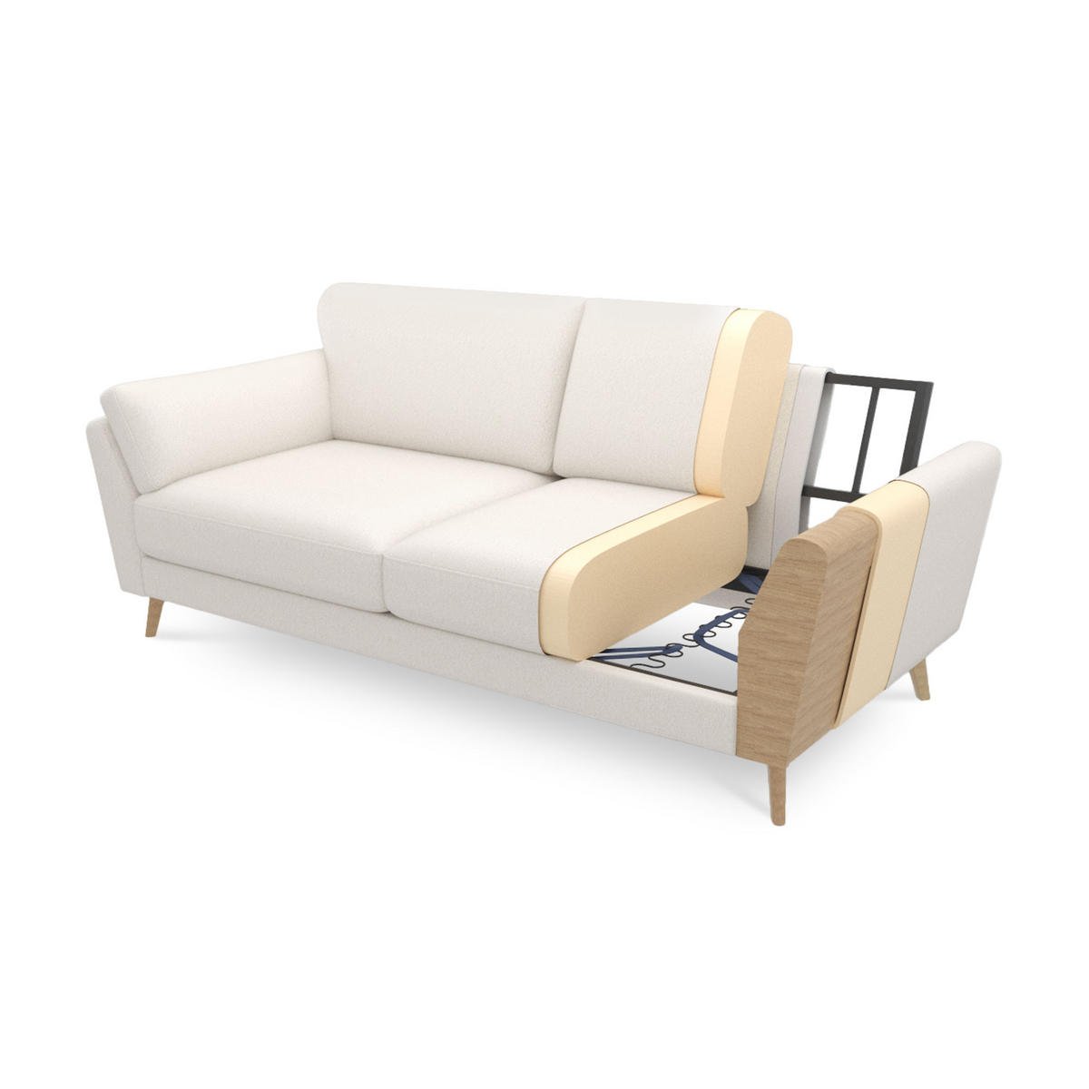 3-SITZER-SOFA Maja Skandinavisches mit weißer Bouclé - Weiß/Akaziefarben, Holz/Holzwerkstoff (225/86/80cm) - Sicaan
