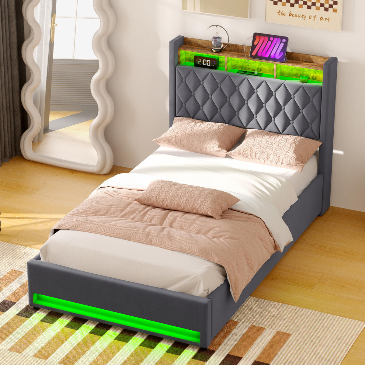 POLSTERBETT 140/190 cm in Grau, Samt, mit Bettkasten, USB, LED, ohne Matratze - Grau, Holzwerkstoff/Textil (140/190cm) - WISHDOR