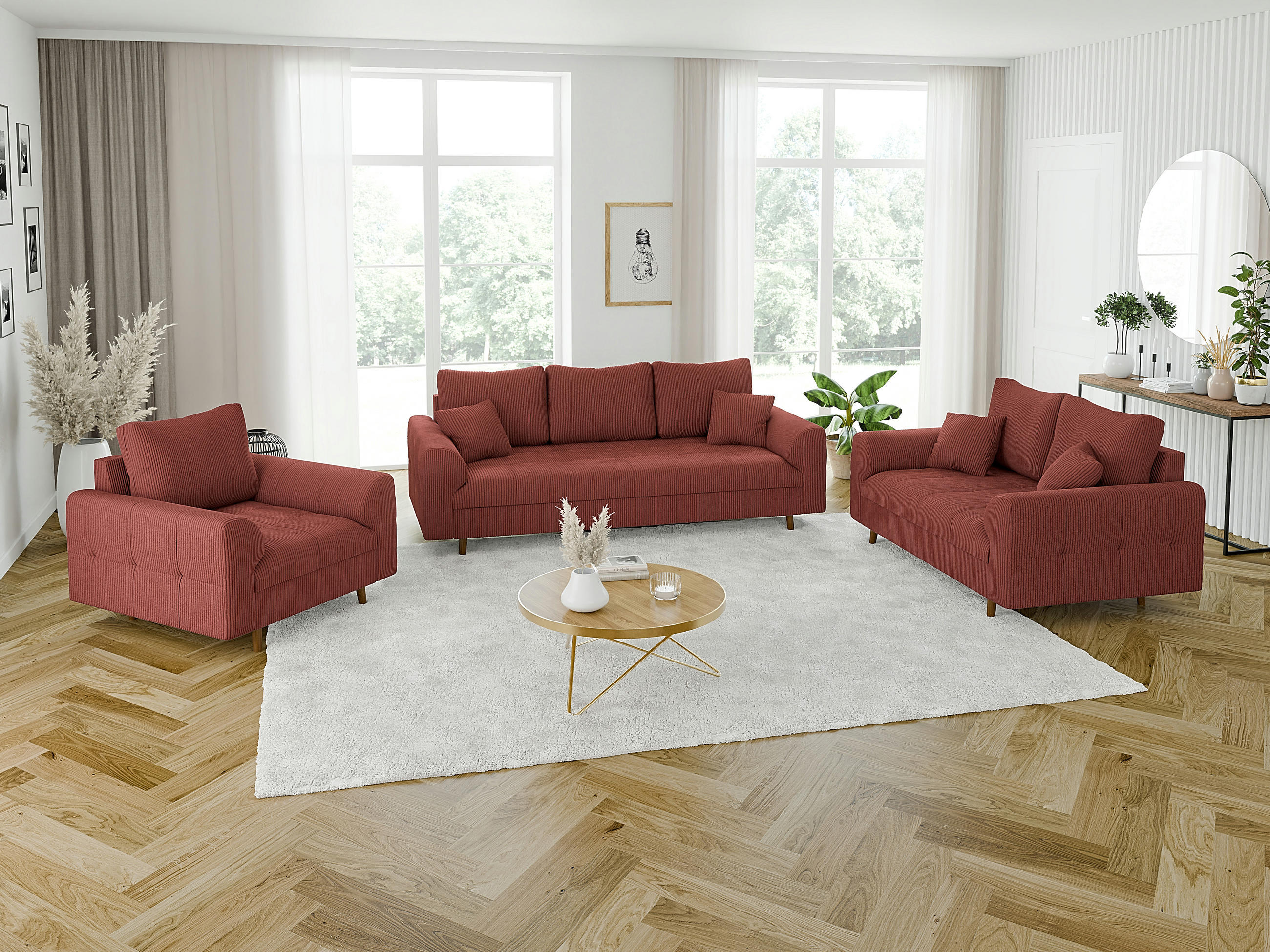 SITZGARNITUR 3+2+1 Alma Terrakotta Cord - Terra cotta/Schwarz, Holz/Textil (210/81/93cm) - S-Style Möbel
