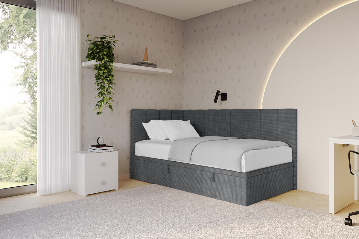 EINZELBETT Jugendbett mit Bettkasten Rechts, mit Matratze - LOVY 90x200 Dunkelgrau - Graphitfarben, Holzwerkstoff/Textil (90/200cm) - ALTDECOR