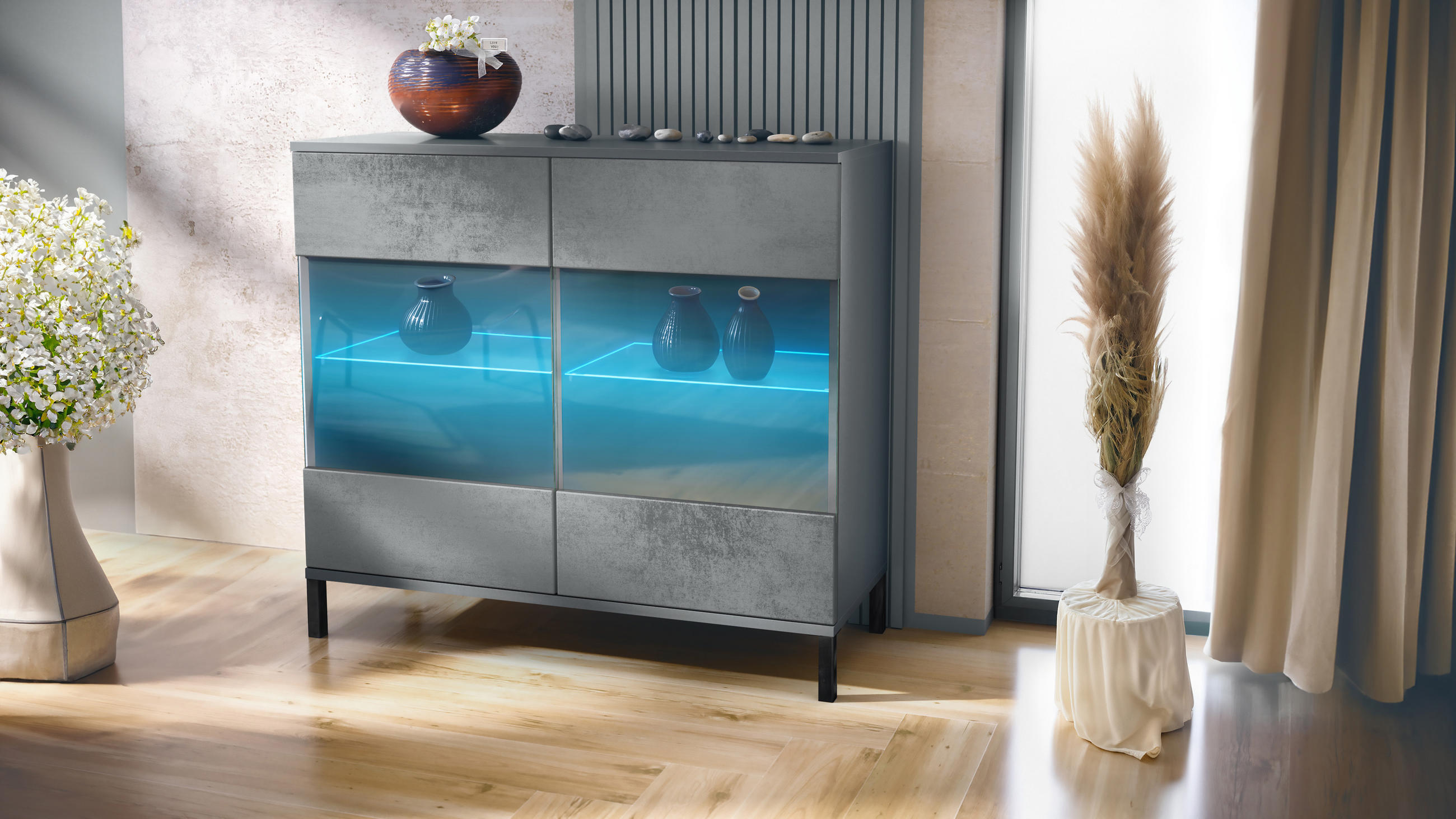 KOMMODE Bari Beton Dunkel Optik - Dunkelgrau, Holzwerkstoff (92.5/83.5/35cm) - Vladon