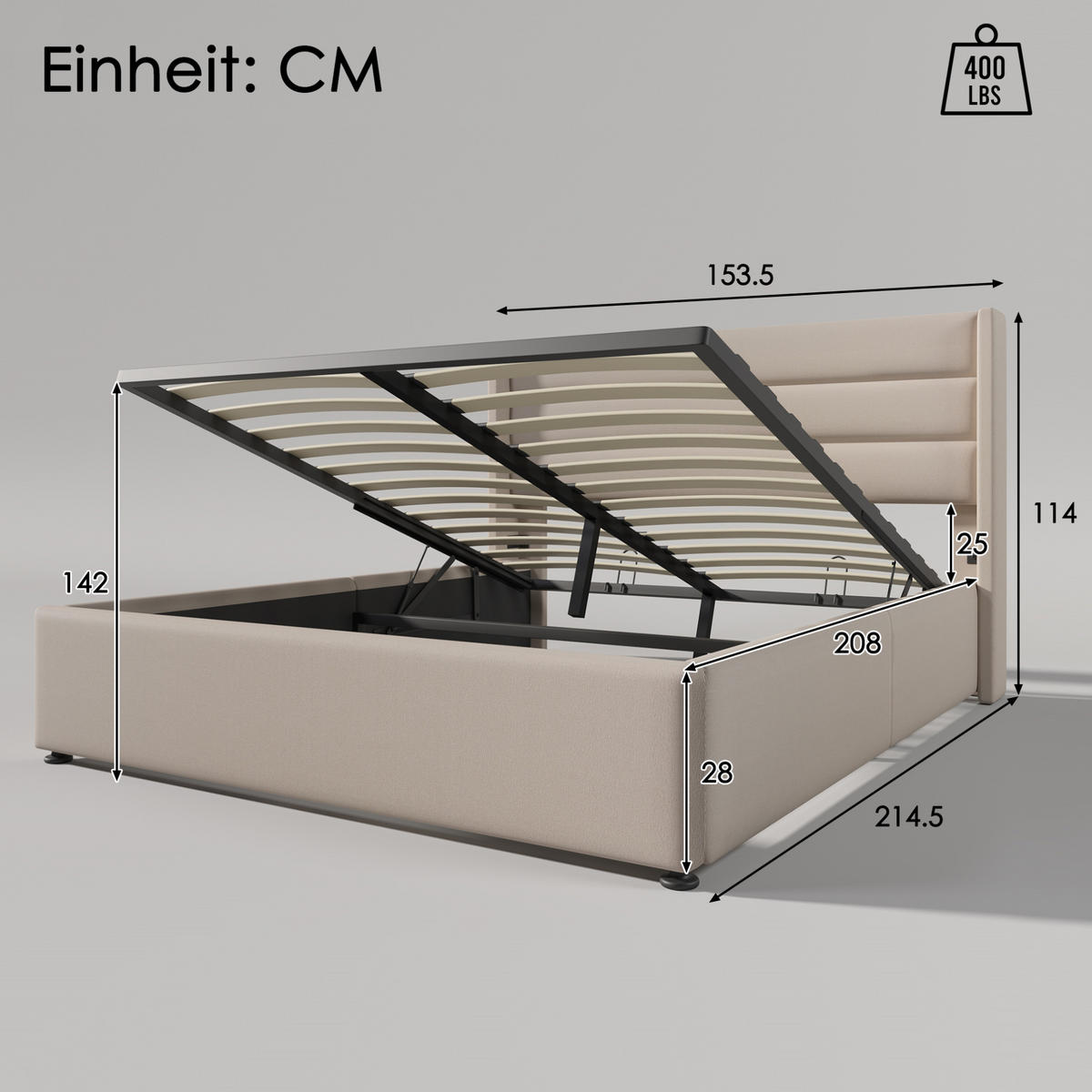 BETT mit Bettkasten 140x200 cm Leinen Beige inkl. Matratze - Beige, Metall (140/200cm) - Meubliv