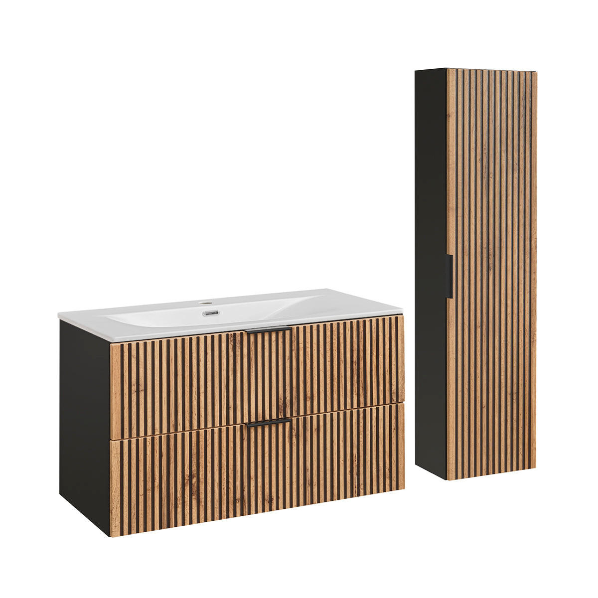BADMÖBEL 100.2cm Gaia 2er-Set Holz in Eichenoptik und Schwarz - Schwarz, Holzwerkstoff (100.2/57/46cm) - Petits-meubles
