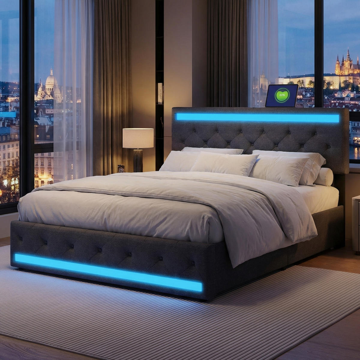 STAURAUMBETT 140x200 Dunkelgrau mit LED und 4 Schubladen Leinen - Grau, Holz (140/200cm) - PARAFTA HOME