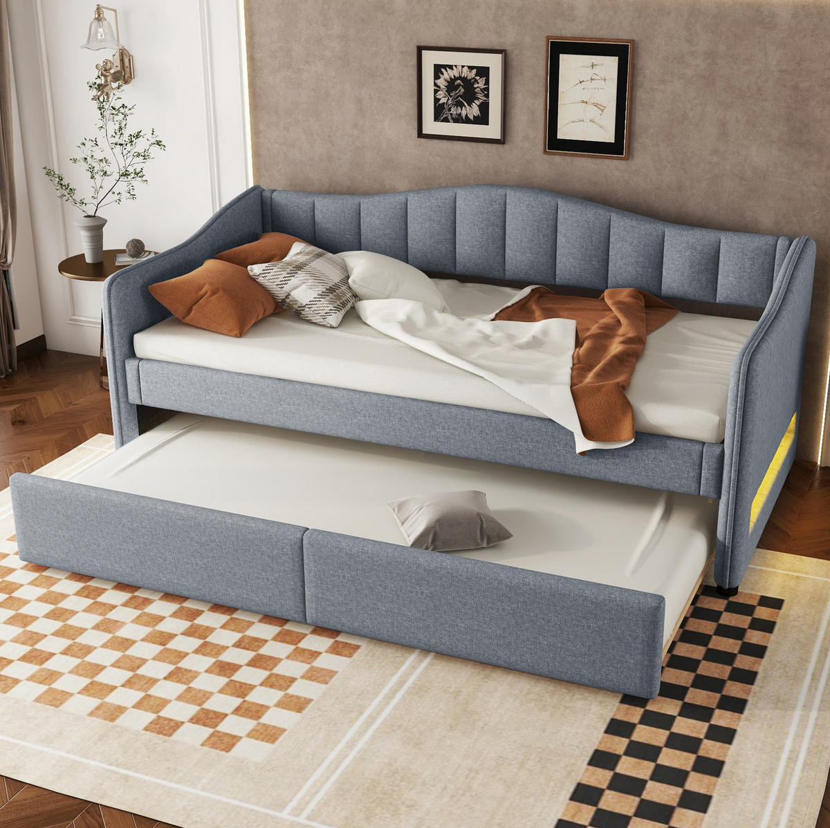 POLSTERBETT 90/200 cm aus Leinen mit ausziehbarem Rollbett und LED-Beleuchtung Grau - Grau, Textil (90/200cm) - Modenvie