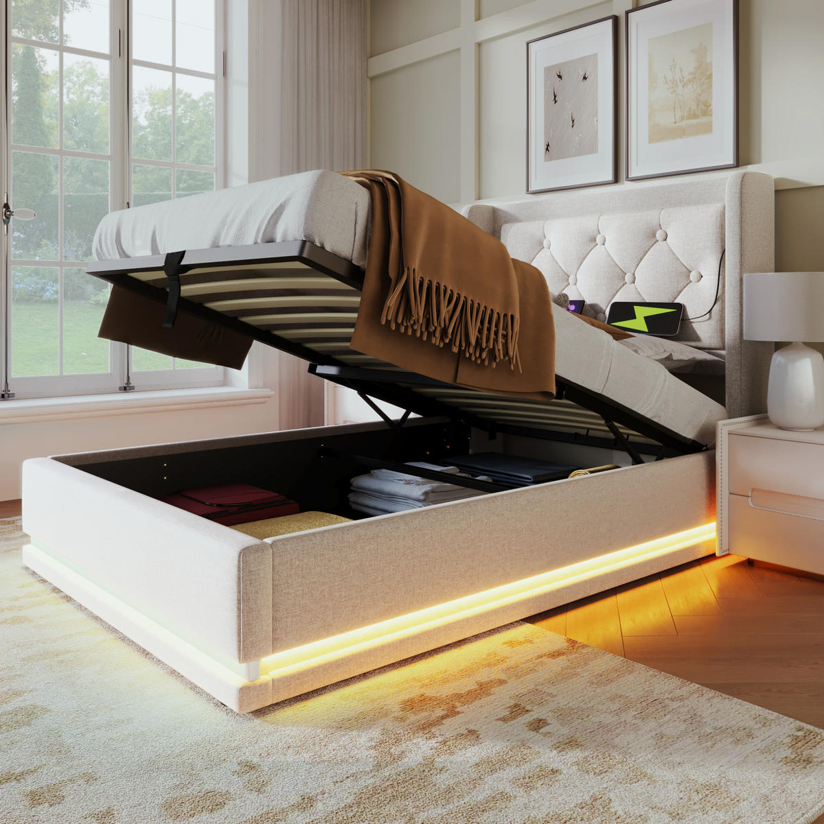 POLSTERBETT 90/200 cm Beige mit Stauraum, LED-Beleuchtung und USB-/Type-C-Anschlüssen - Beige, Textil (90/200cm) - Flora Grace
