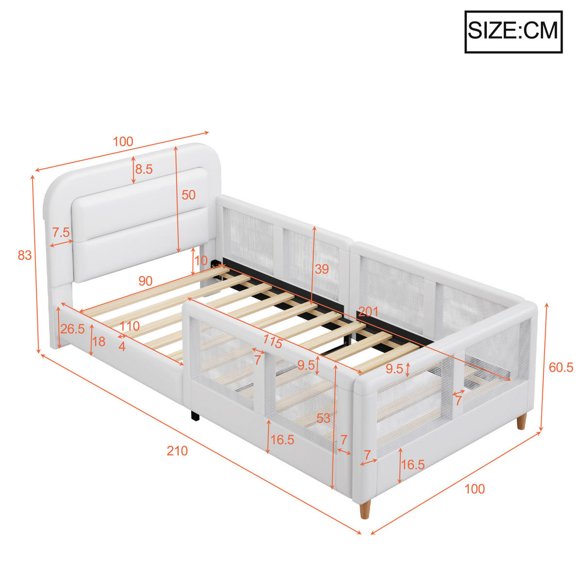 POLSTERBETT 90/200 cm weiß aus MDF und PU mit Seitengittern - Weiß, Holzwerkstoff (90/200cm) - OKWISH