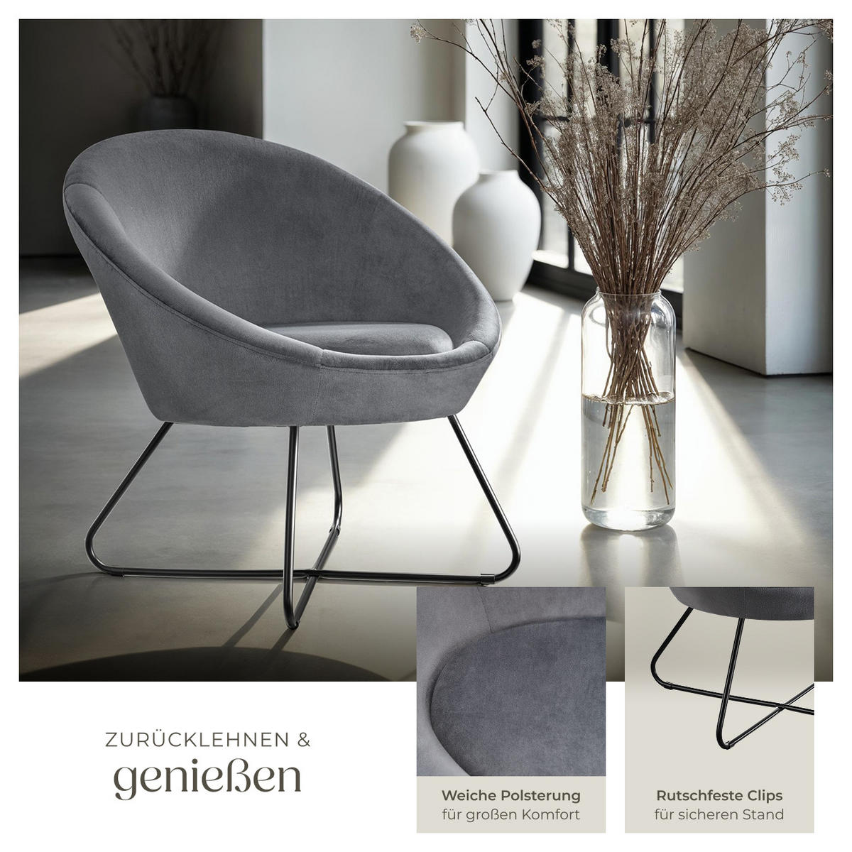 COCKTAILSESSEL Centera,83 x 73 x 82 cm,Samtoptik anthrazit - Anthrazit/Samtahornfarben, Metall (83/82/73cm) - tectake