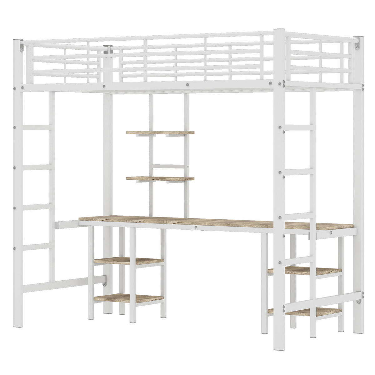 ETAGENBETT 90/200 cm weiß aus Metall und MDF mit Schreibtisch und Regalen - Weiß, Holzwerkstoff (90/200cm) - OKWISH