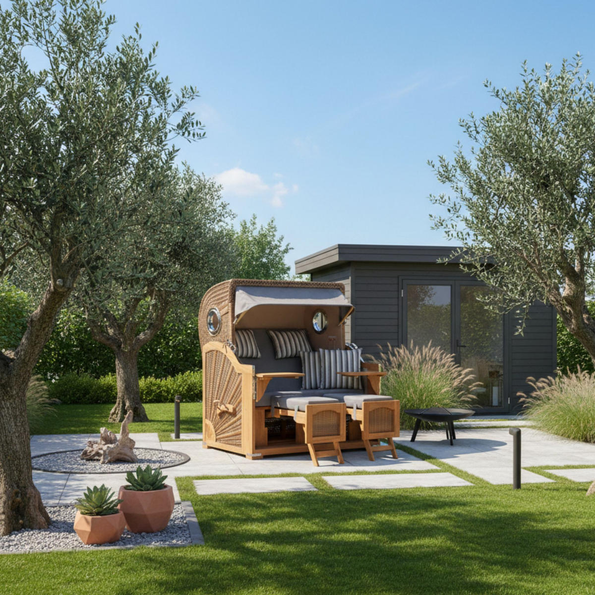 STRANDKORB XXL Düne Grande Teak Banana - Braun/Grau, Metall (142/170/95cm) - Mr. Deko