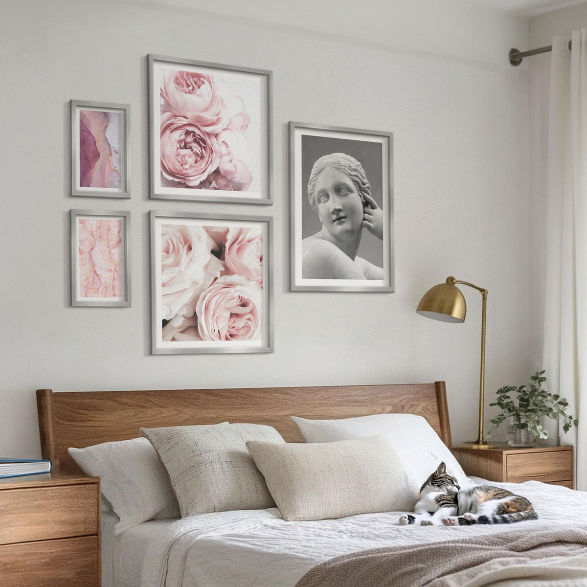 BILDER SET 5er Set - 50x50 cm & 20x30 cm & 40x60 cm Silberner Rahmen - Pfingstrosenskulptur einer Frau - Silberfarben, Kunststoff (40/60cm) - TULUP