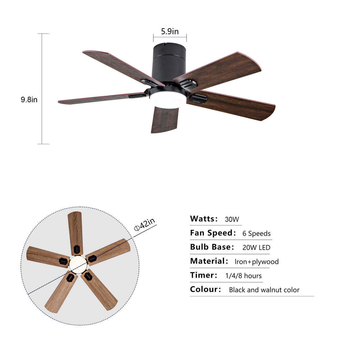DECKENVENTILATOR DE-16222 42 Zoll flach mit LED & Fernbedienung Schwarz - Walnussfarben, Holz/Metall (107/107/25cm) - ComfortXL