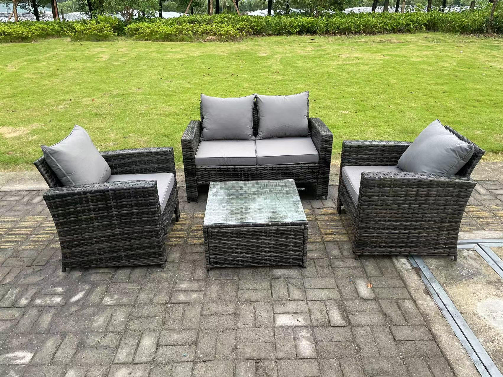 GARTENSOFA SET mit Couchtisch Polyrattan Dunkelgrau 4-Sitzer - Dunkelgrau, Metall - Fimous