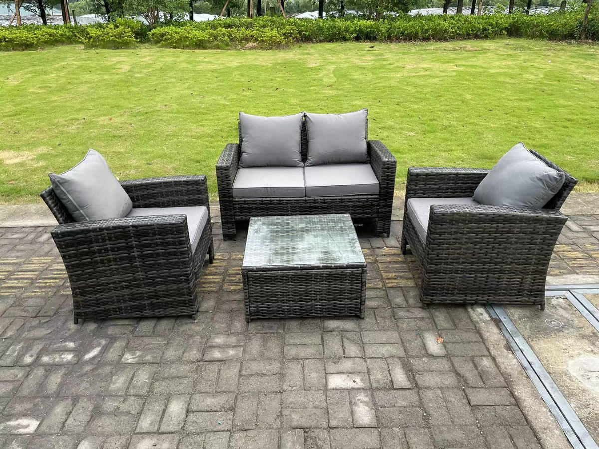 GARTENSOFA SET mit Couchtisch Polyrattan Dunkelgrau 4-Sitzer - Dunkelgrau, Metall - Fimous