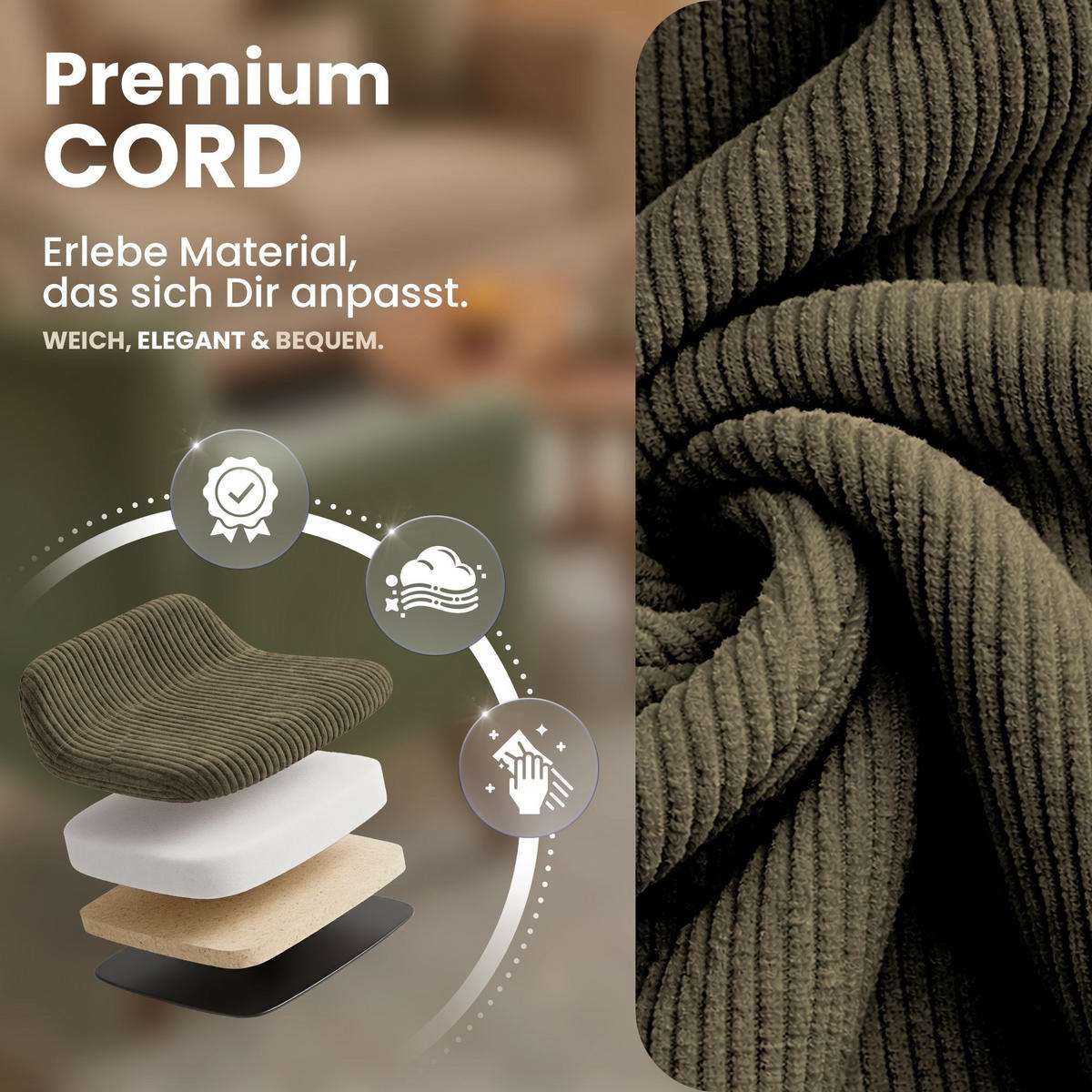 STUHL Cord Taupe - Taupe/Eukalyptusholzfarben, Holz/Textil (53/84/63cm) - CLP