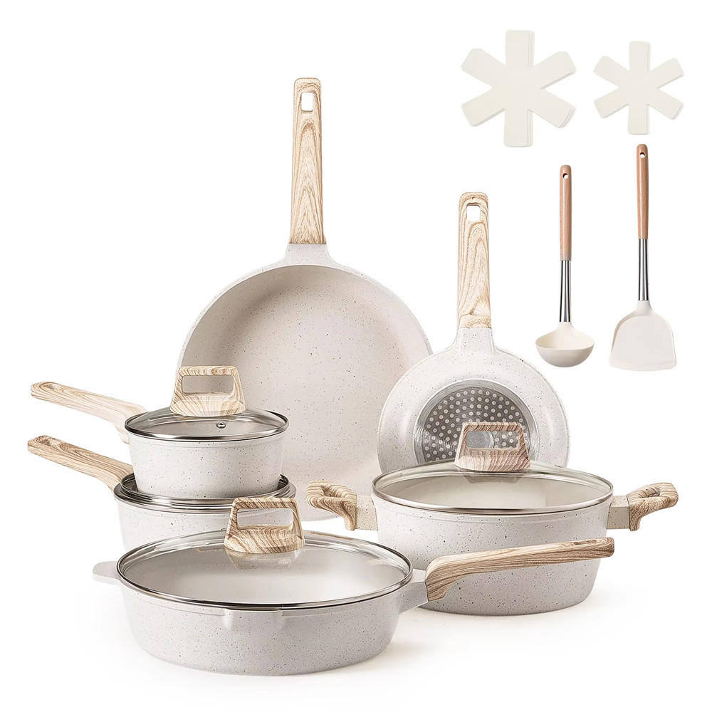 KOCHTOPFSET 17-teilig Induktion Antihaft Glasdeckel - Beige, Metall - Bextcok