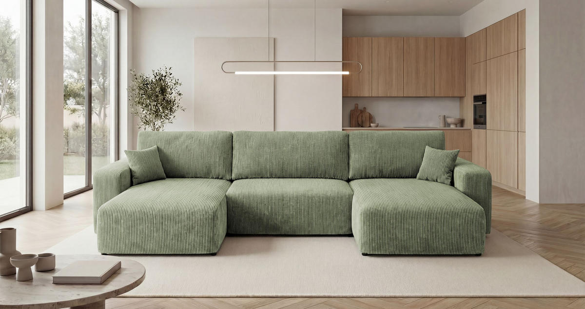 WOHNLANDSCHAFT BERLIN U-Form hellgrün Cord Poso 47 - Schlaffunktion, Bettkasten - Hellgrün, Textil (385/86/185cm) - Cornero