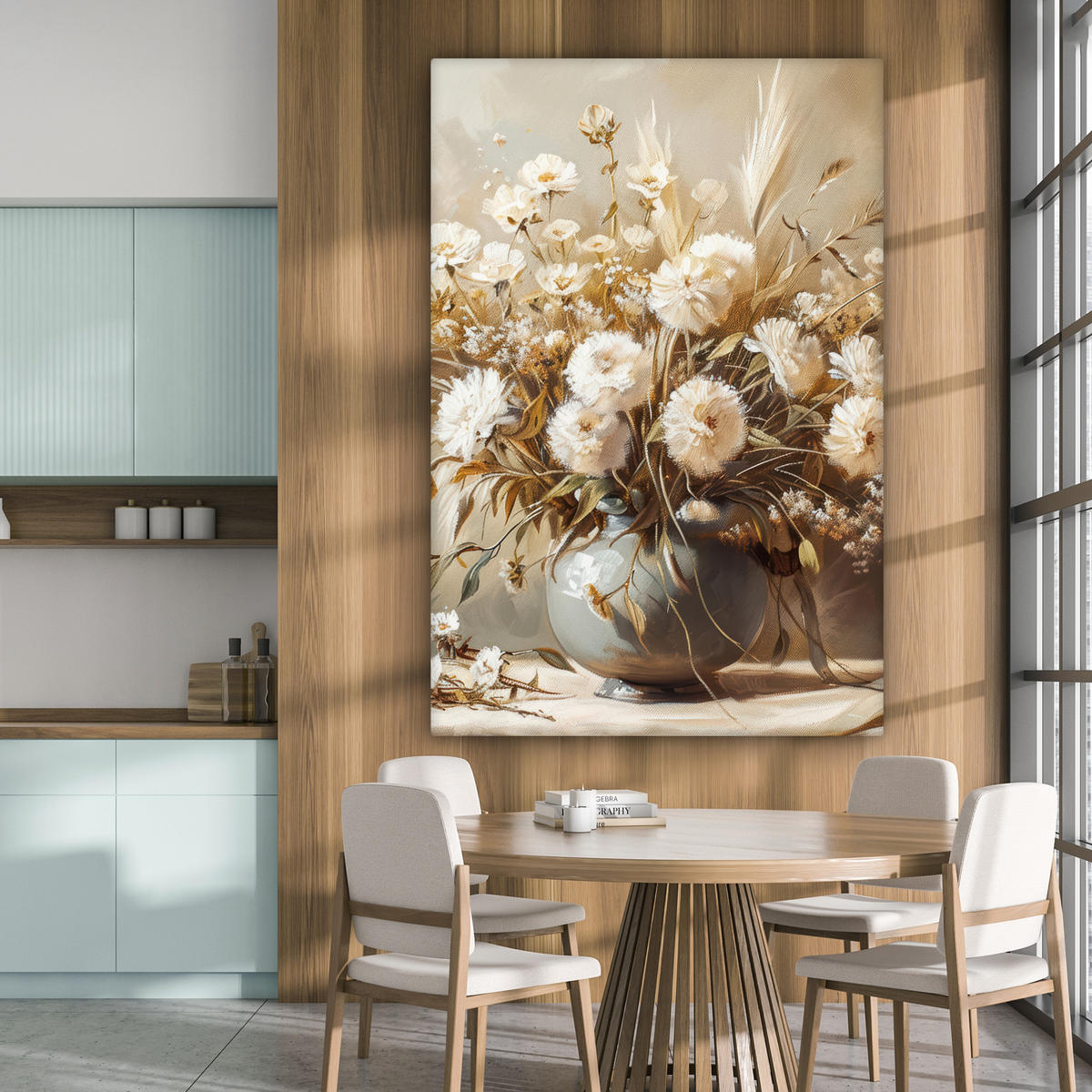 LEINWANDBILD Blumen - Vase - Stilleben - Beige Deko Groß 90x140 cm - Creme, Textil (90/140cm) - MuchoWow
