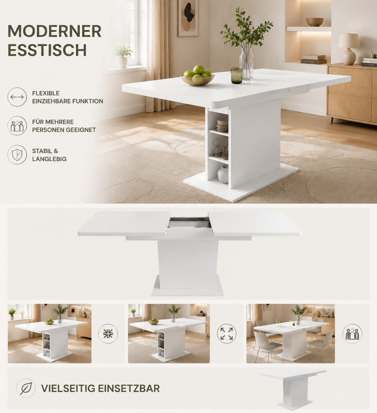 ERWEITERBARER ESSTISCH Stauraum Eisen Weiß - Weiß, Holzwerkstoff (70/130/75cm) - FLIEKS