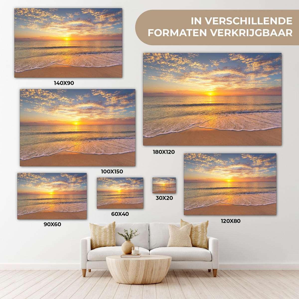 LEINWANDBILD Strand - Sonnenuntergang - Meer Wohnzimmer 120x80 cm - Gelb, Textil (120/80cm) - MuchoWow