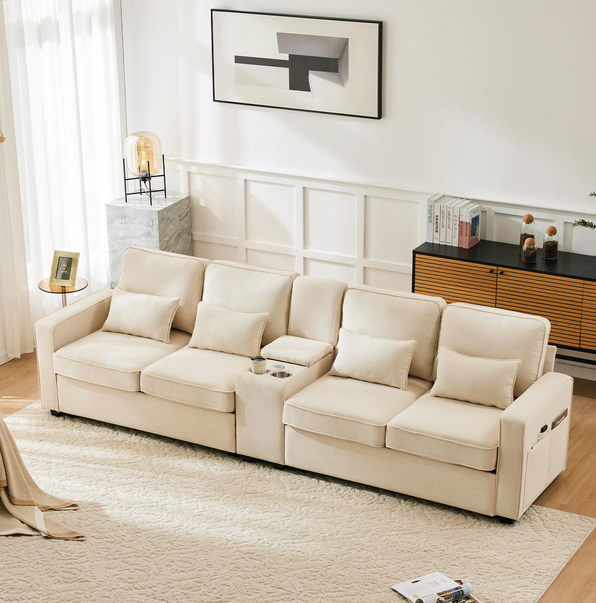 4-SITZER Sofa 290/88/83 cm Beige aus Leinen mit USB-Anschluss und Getränkehaltern - Beige, Textil (83/88/290cm) - OKMYHOME