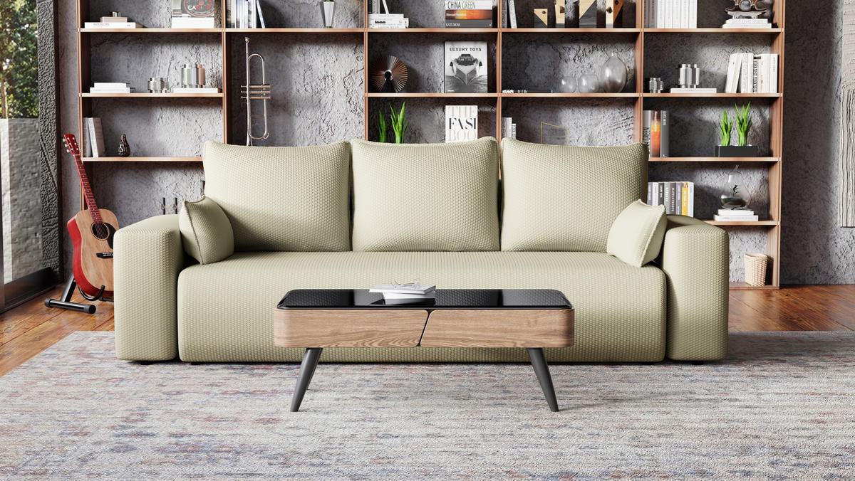 SOFA Bubi mit Bettkasten und Schlaffunktion, Cordstoff - Beige, Holzwerkstoff (242/85/95cm)