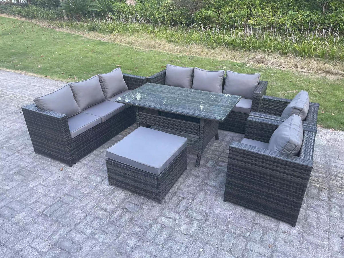 SITZGRUPPE mit Hocker Polyrattan Dunkelgrau 9-Sitzer - Dunkelgrau/Grau, Glas/Kunststoff - Fimous