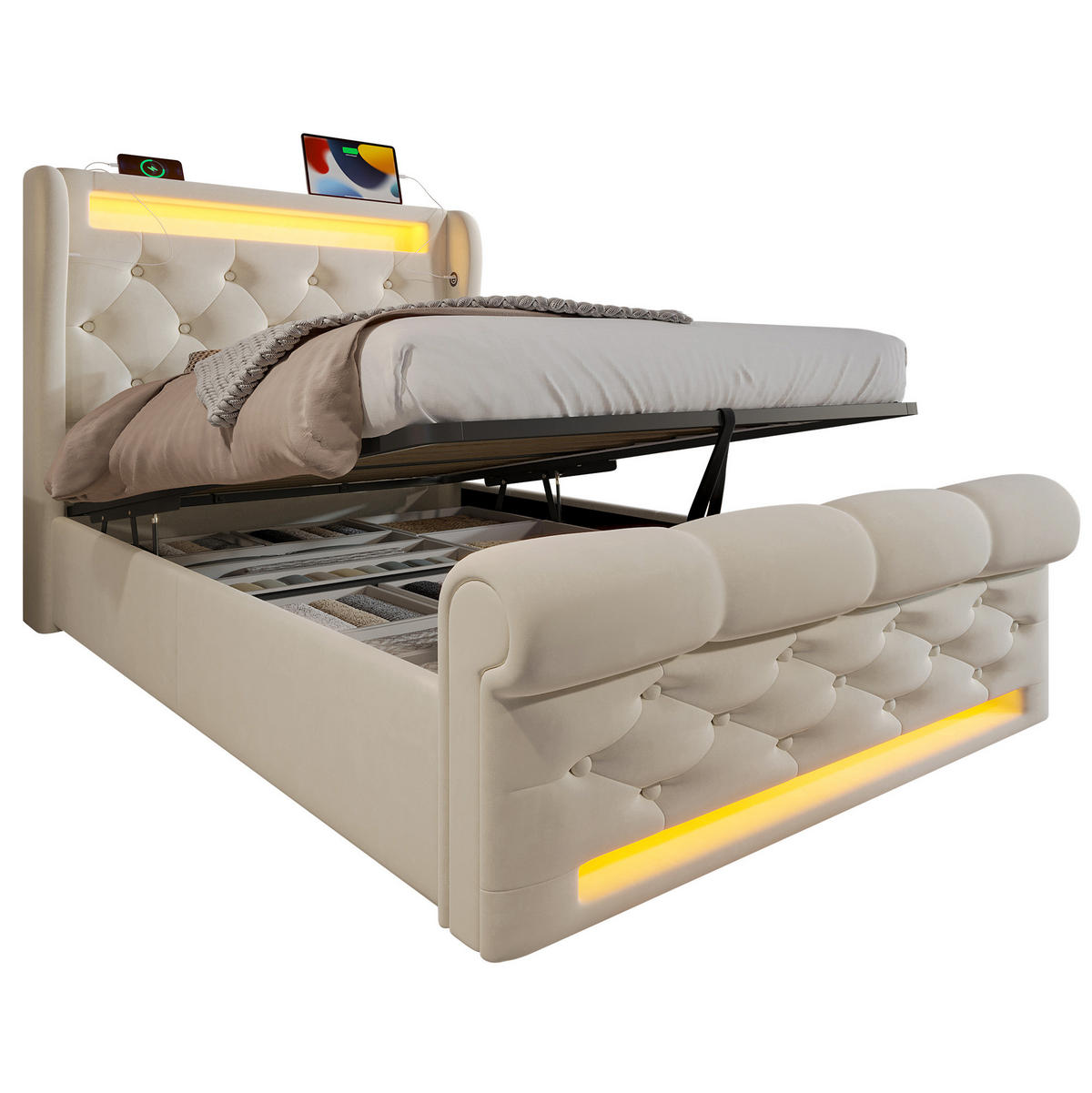 BETT mit LED und Stauraum 90x200 cm Samt Beige inkl. Matratze - Beige, Metall (90/200cm) - Meubliv