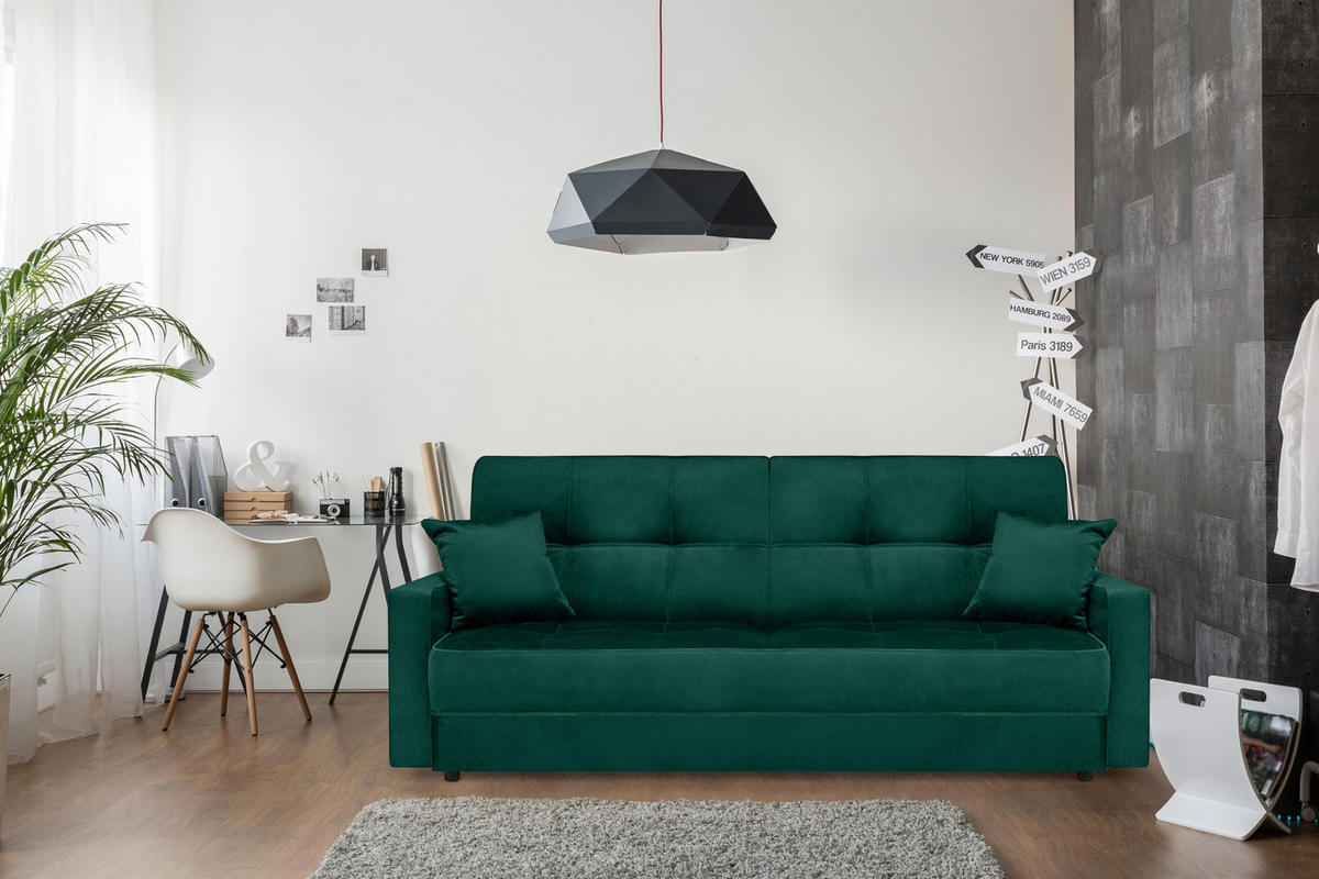 SCHLAFSOFA ORIO 3 Personen, Velours-Stoff, Grün - Grün, Textil (219/90/90cm) - KONSIMO®