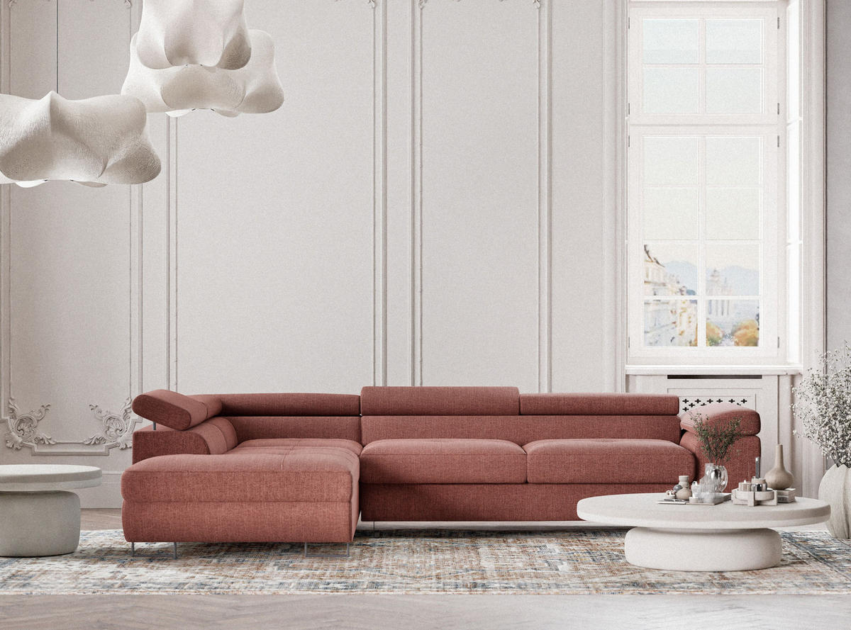 ECKSOFA Concord Korallenfarbe Webstoff - Links Seite - Koralle/Schwarz, Holz/Holzwerkstoff (203/277cm) - Maison de Reve