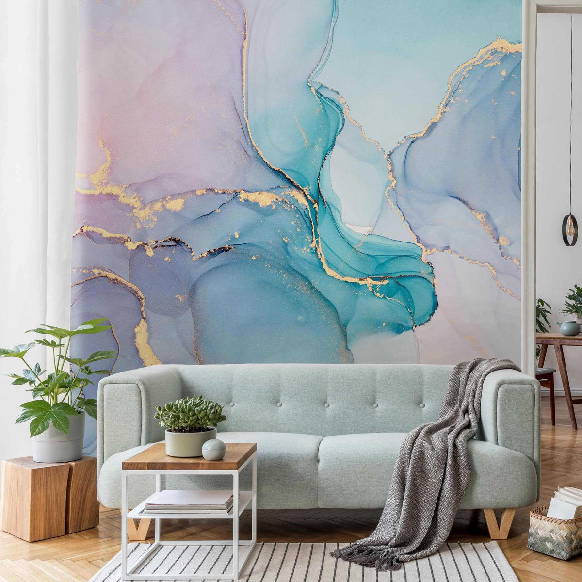FOTOTAPETE Aquarell Pastell Türkis mit Gold 192/192 cm - Pastellblau, Papier (192/192cm) - Bilderwelten