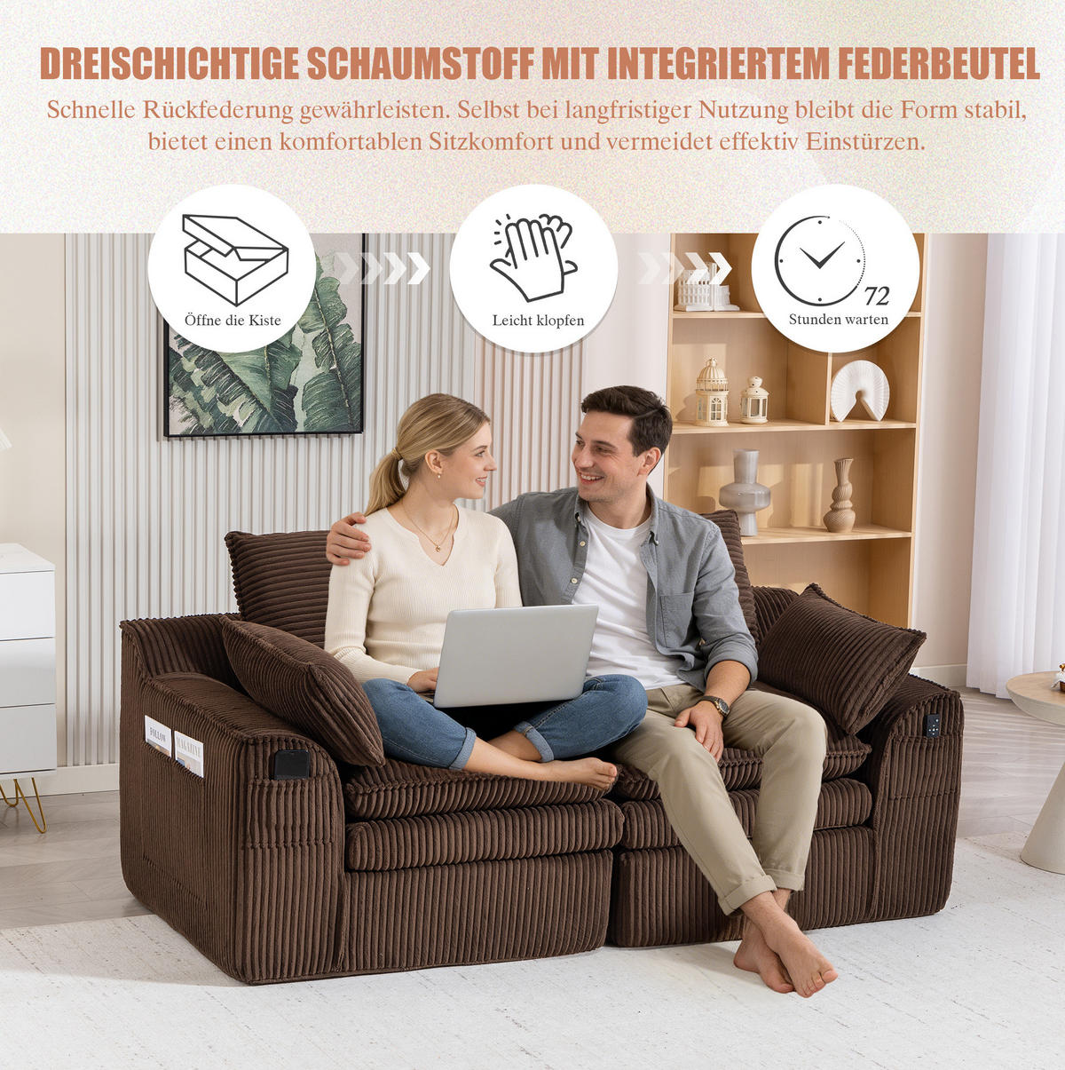 2-SITZER-SOFA 191/94/85 cm mit Seitentaschen, Kissen und Federkern, Cord Braun - Braun, Textil (191/85/94cm) - Redom