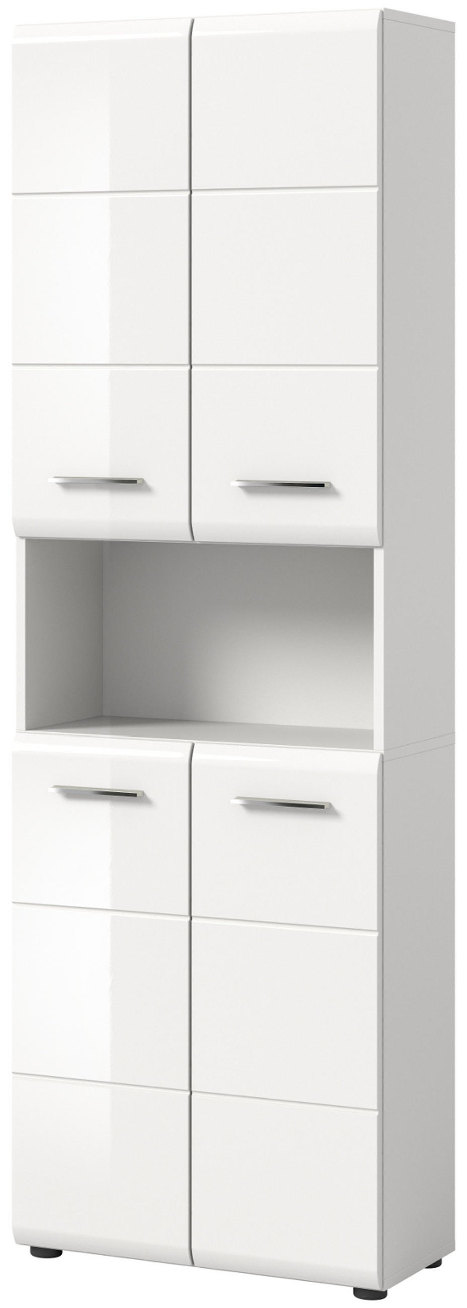 HOCHSCHRANK weiß Hochglanz, Badschrank 60 cm mit 7 großen Stauraum-Fächern - Weiß Hochglanz/Silberfarben, Holzwerkstoff/Kunststoff (60/185/30cm) - Inn.Furn