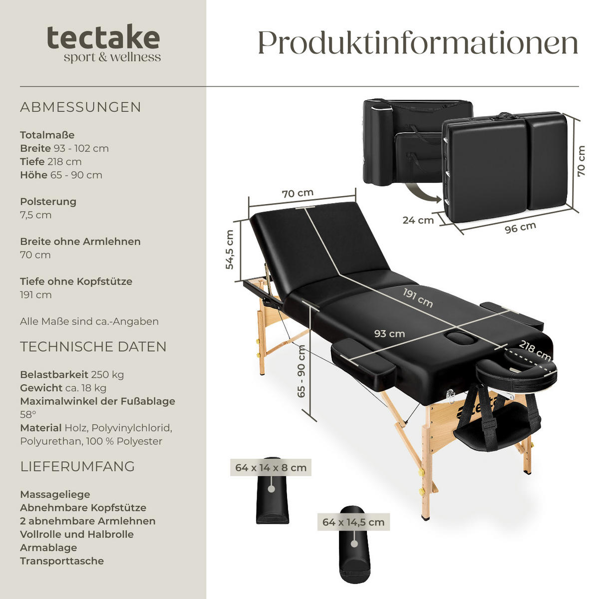 MASSAGELIEGE-SET 3 Zonen Somwang,218 x 102 x 90 cm,schwarz - Schwarz, Textil (108/90/218cm) - tectake
