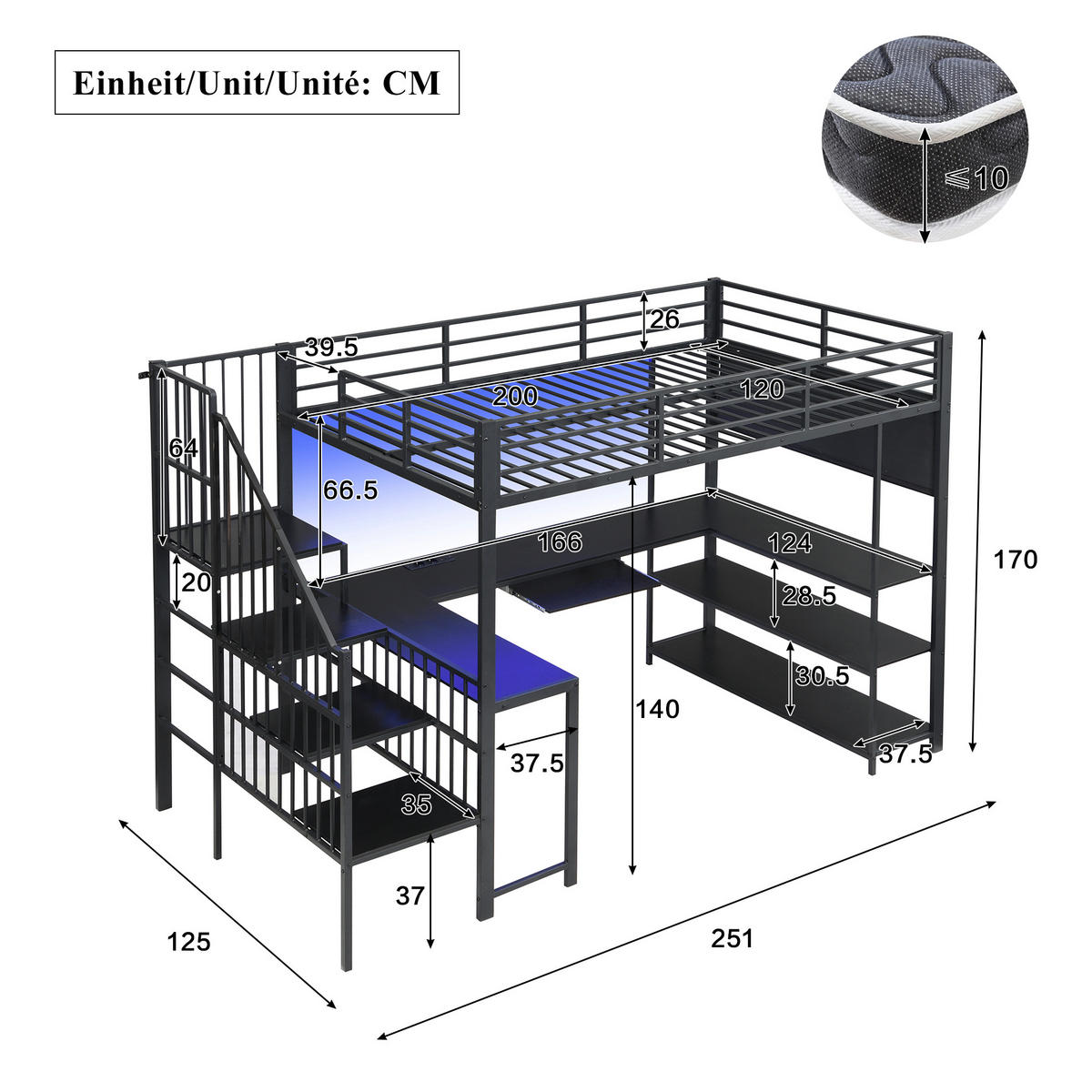 HOCHBETT 120/200 cm mit Schreibtisch und LED, DE-41757, in Schwarz - Schwarz, Metall (120/200cm) - ComfortXL