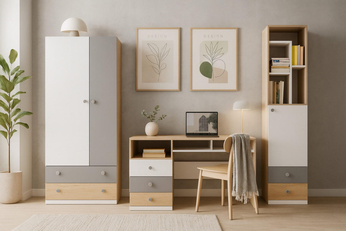 JUGENDZIMMER-SET POKO B 4-teilig in Biskuiteiche / Weiß Lux / Grau - Eichefarben/Weiß, Holzwerkstoff (250/190/55cm) - Deine Möbel 24