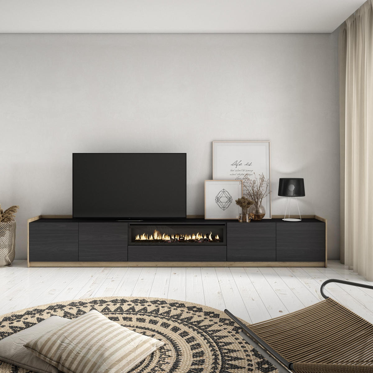 TV-SCHRANK, Lowboard, Schwarz Eiche, Elektrokamin, 310/37/50cm - Schwarz, Holzwerkstoff (310/50/37cm) - Skraut Home