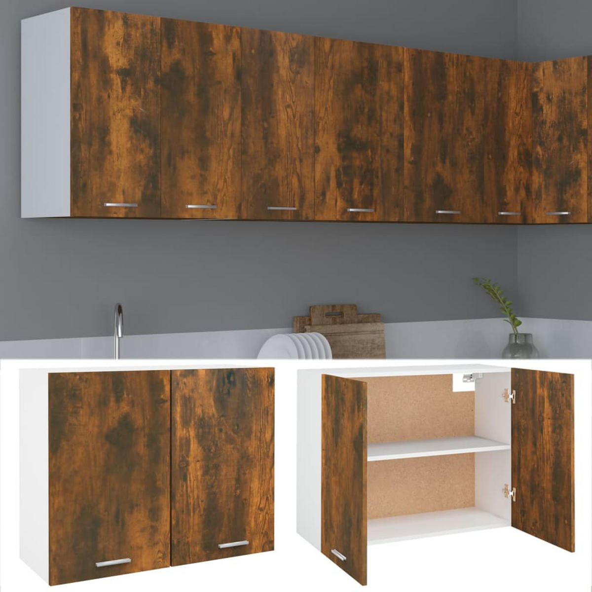 KÜCHENOBERSCHRANK Lyon mit 2 Ebenen, 80/31/60 cm, aus Holzwerkstoff, in Räuchereiche - Silberfarben/Sonoma Eiche, Holz (31/60/80cm) - vidaXL