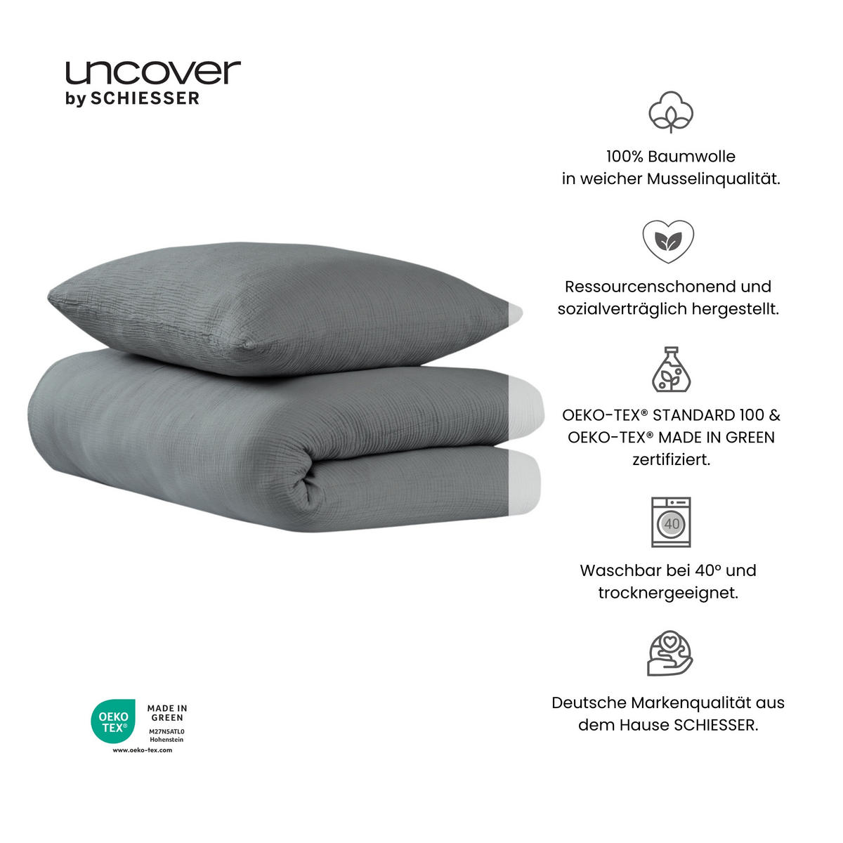 BETTWÄSCHESET Lennox - Musselin - 2-teilig - 135x200cm - Dunkelgrau - Dunkelgrau, Textil (135/200cm) - Uncover by Schiesser