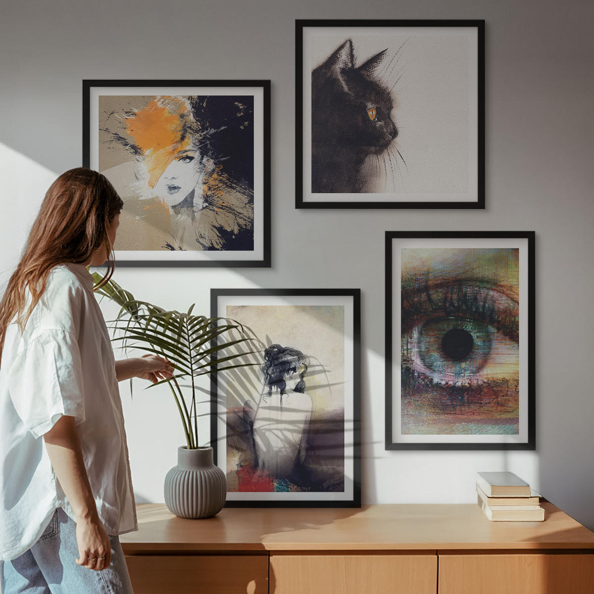 BILDER SET 4er Set - 50x50 cm & 40x60 cm Schwarzer Rahmen - Porträt einer Frau, Auge, Farben, Emotionen - Schwarz, Kunststoff (50/50cm) - TULUP