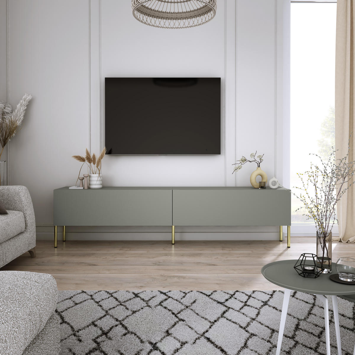 TV-SCHRANK : Aloe, 170 x 52 x 32 cm, Goldene Beine - Goldfarben/Grün, Holzwerkstoff/Metall (170/52/32cm) - 3XE LIVING