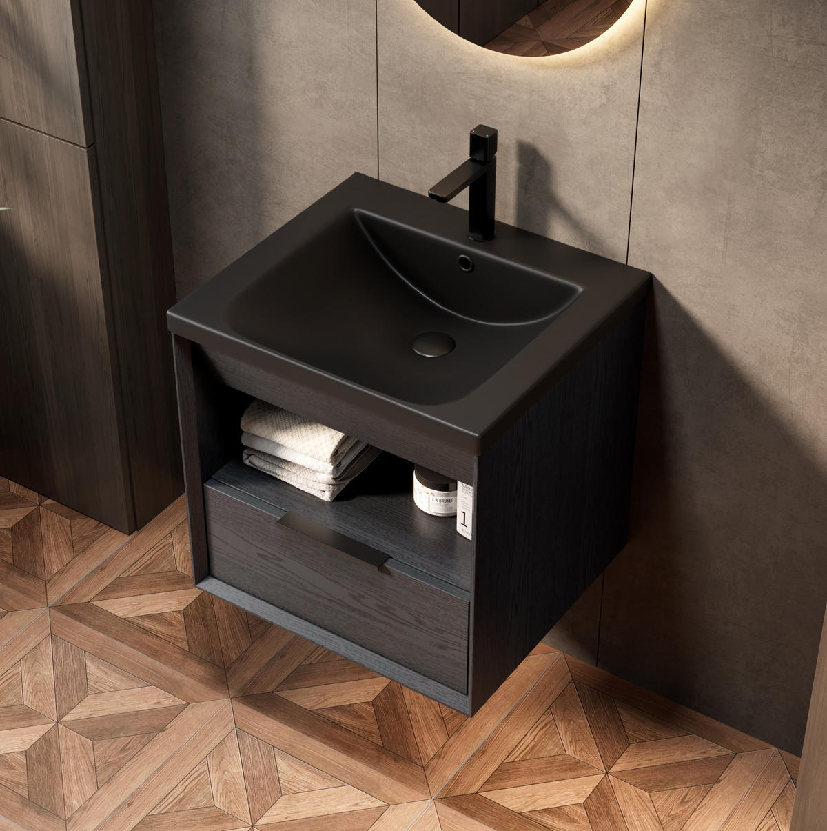 WASCHTISCH mit Keramikbecken Schwarz/Dark Oak - Schwarz, Holz (47/51.5/51.5cm) - Beauniv