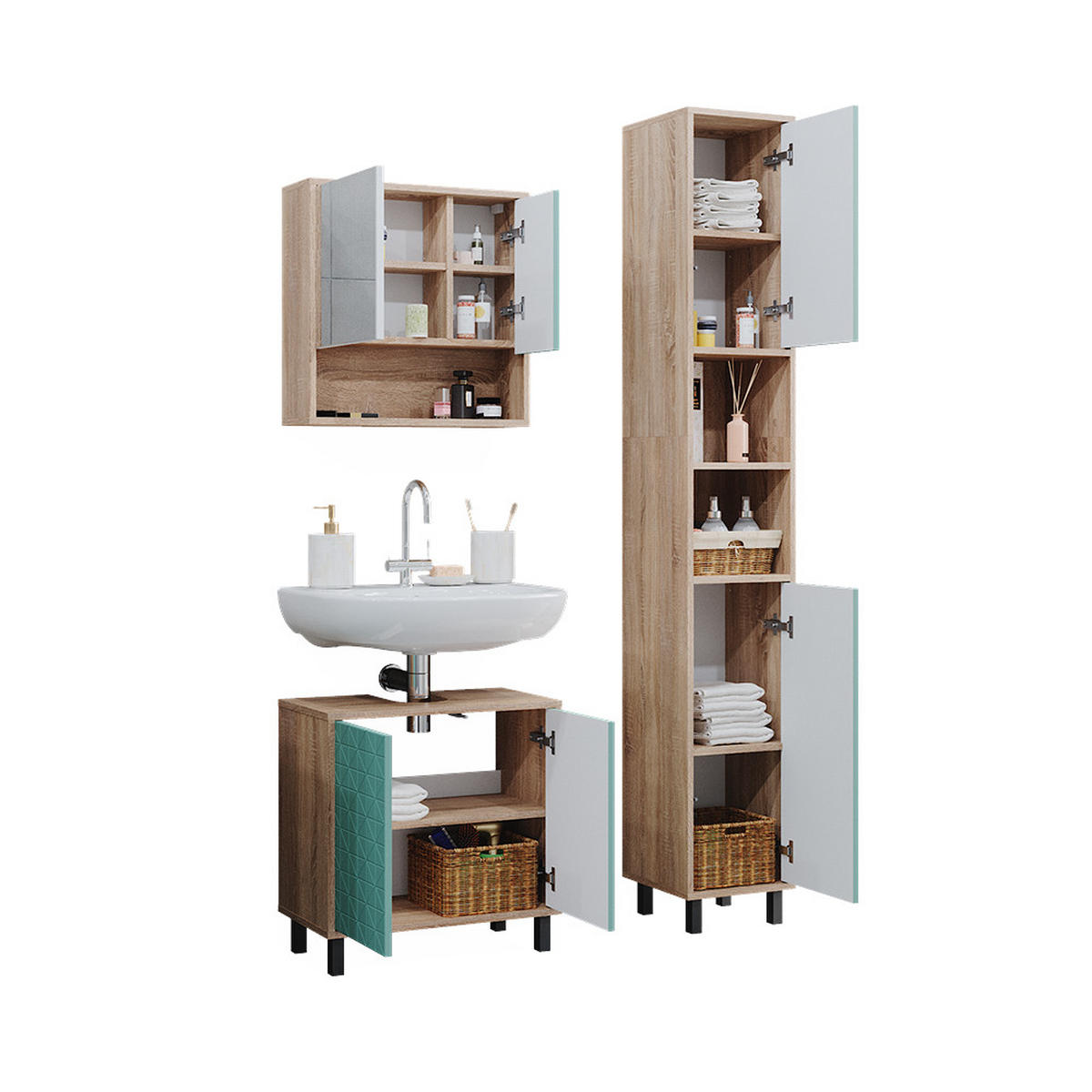 BADMÖBEL-SET Agasta Mintgrün 3 Teile, mit Hochschrank - Mintgrün/Sonoma Eiche, Holzwerkstoff (56/57/28cm) - Vicco