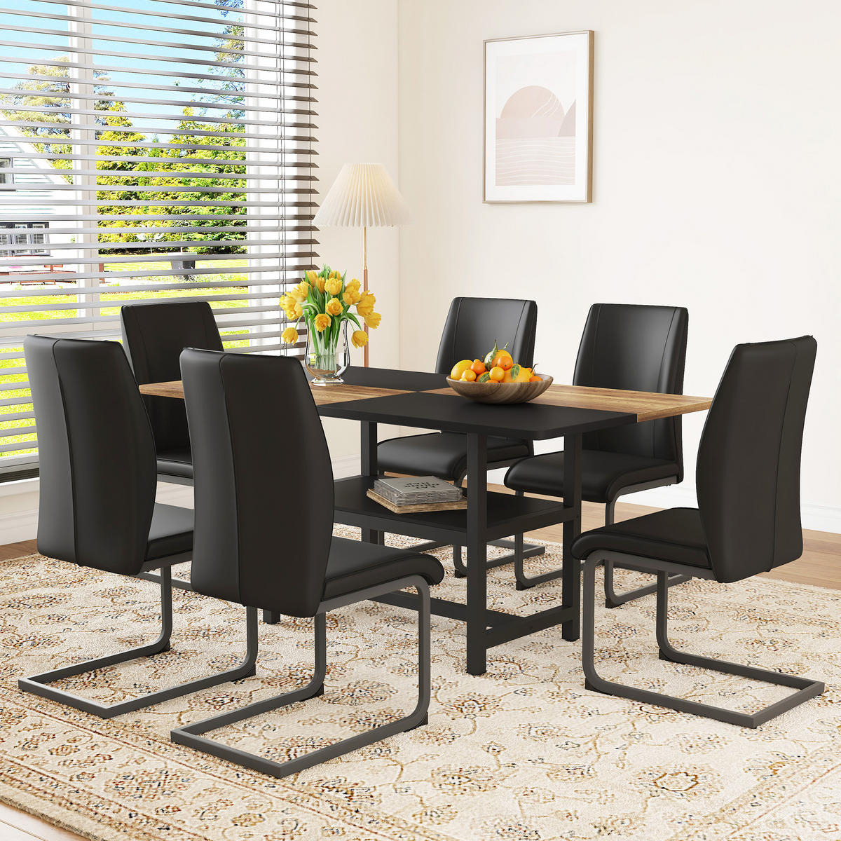 ESSGRUPPE DE-39342 7-teilig, mit Abstellregal und 6 PU-Sesseln Schwarz - Schwarz, Holzwerkstoff (160/76/90cm) - ComfortXL