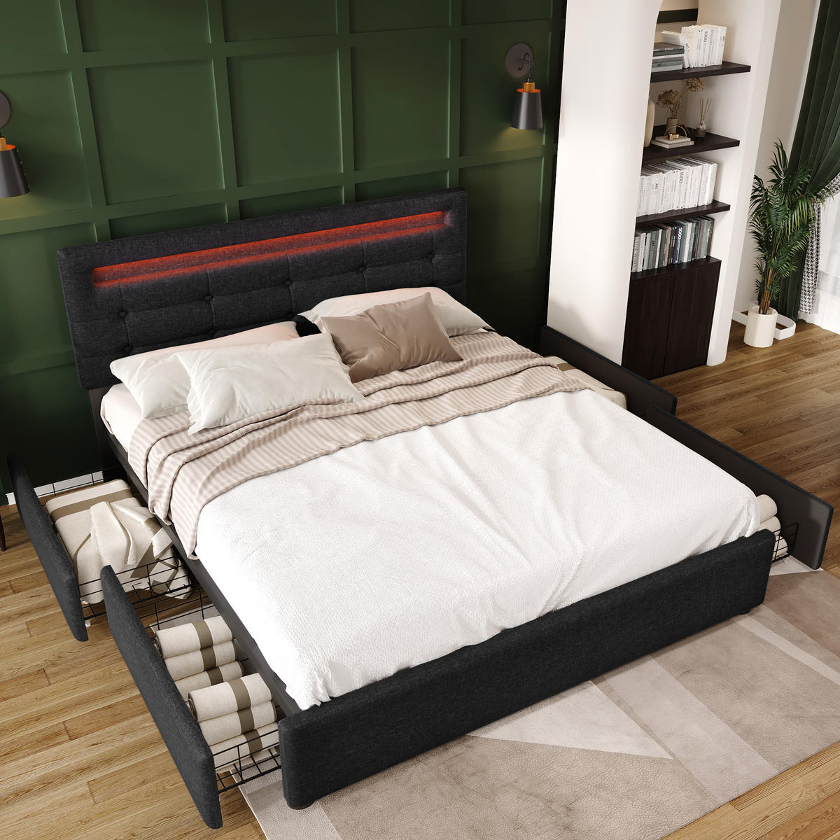 POLSTERBETT 140/200 cm Schwarz mit LED-Beleuchtung und 4 Schubladen - Schwarz, Textil (140/200cm) - OKWISH